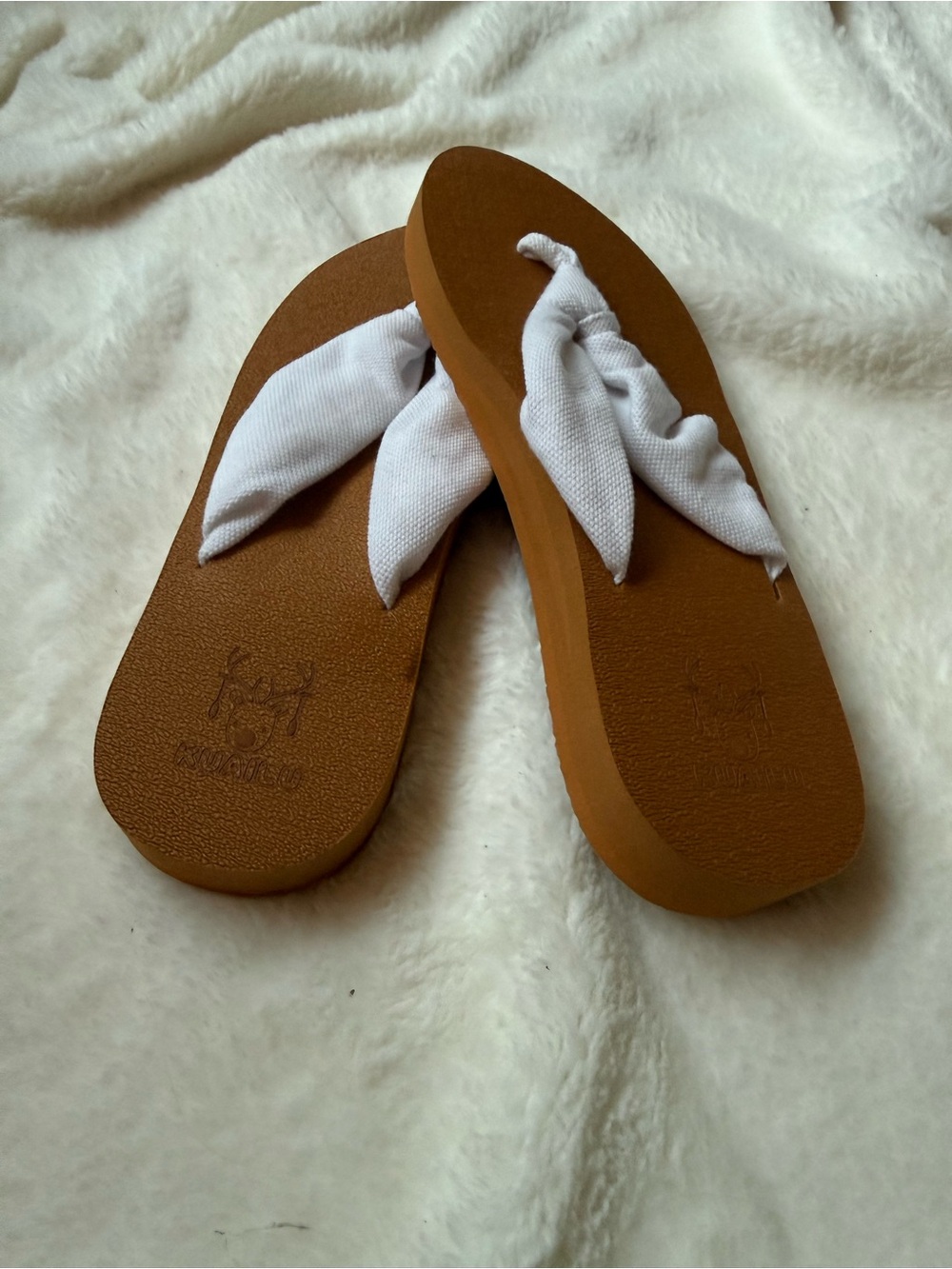 Women's White Fabric Strap Sandal with Brown Platform Sole